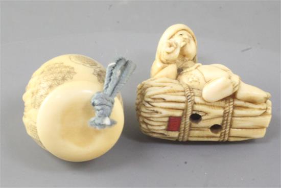 Two Japanese ivory netsukes of a seated woman, Meiji period,